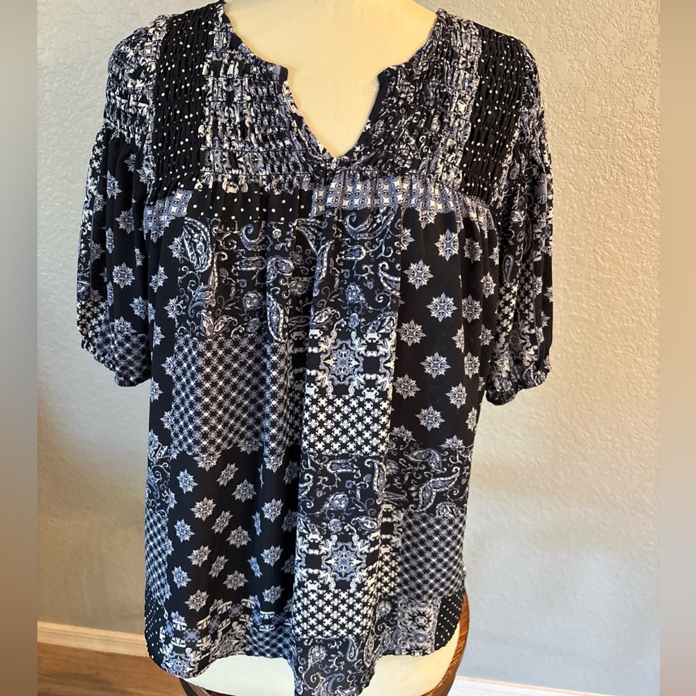 Alex and Lili Blue and White Printed Top Short Sleeve